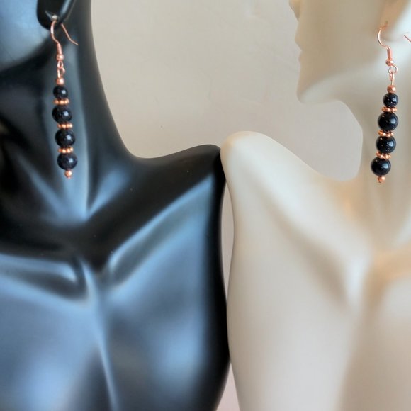 Black Stardust Bead Earrings Copper Hooks Handmade - Picture 1 of 16